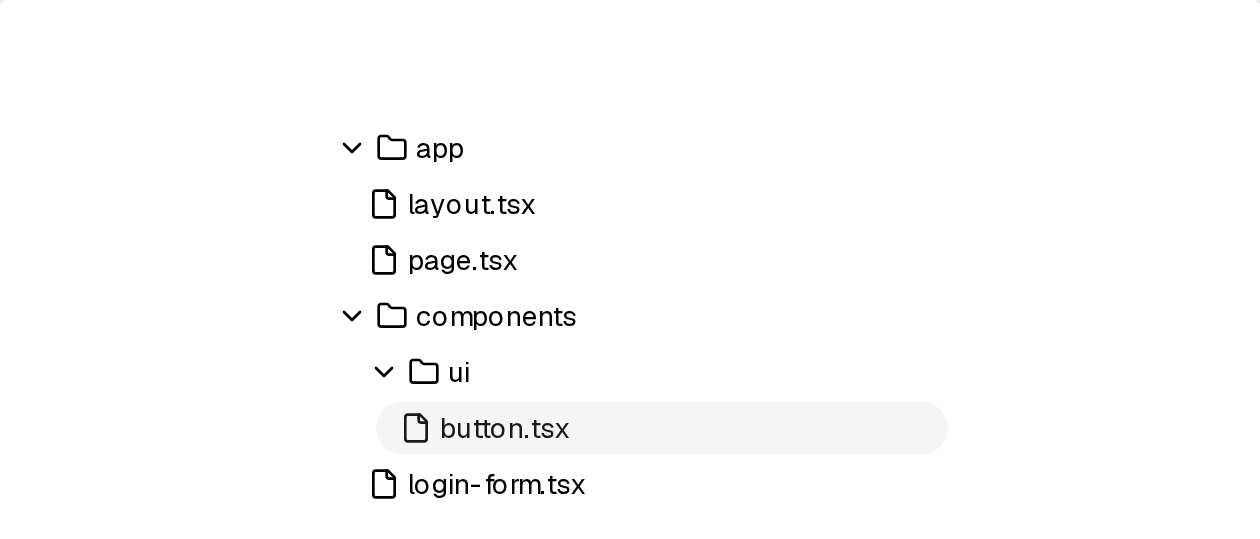 文件夹可折叠,文件可点击;演示中默认全部展开 File Tree:app、components、ui 等文件夹展开,文件可点击,当前选中 button.tsx