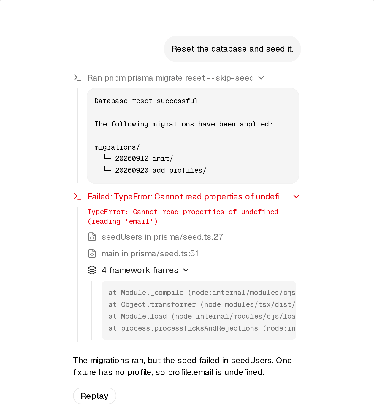 标题被截断,所以完整错误在内容顶部重复一次;框架帧单独折叠 Stack Trace 展开:红色 Failed: TypeError 标题,完整错误信息,可点击的自身代码帧,以及展开的 4 framework frames